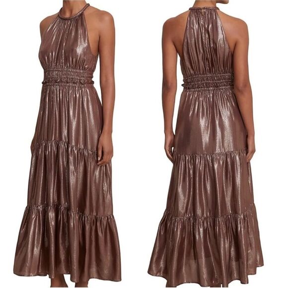 A.L.C. Elara Silk Blend Metallic Tiered Maxi Dress Bitter Chocolate Sz 14 - Picture 2 of 13